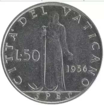 Монета 50 лир Ватикана 1956 года Медно-никель Пий XII