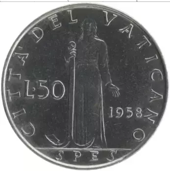 Монета 50 лир Ватикана 1958 года Медно-никель Пий XII