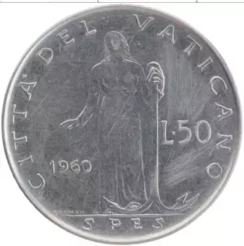 Монета 50 лир Ватикана 1960 года Сталь Иоанн XXIII