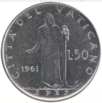 Монета 50 лир Ватикана 1961 года Сталь Иоанн XXIII