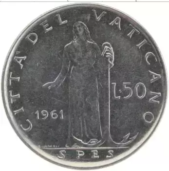 Монета 50 лир Ватикана 1961 года Сталь Иоанн XXIII