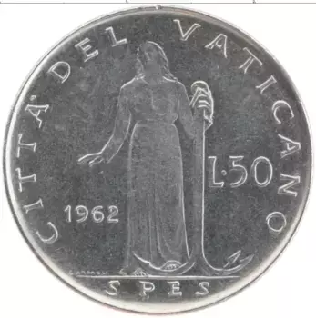 Монета 50 лир Ватикана 1962 года Сталь Иоанн XXIII