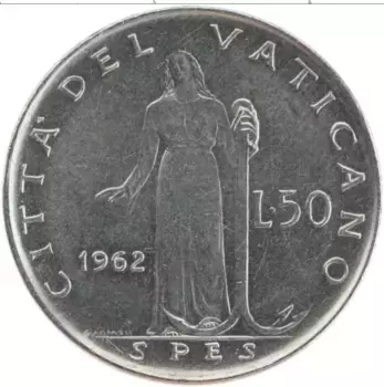 Монета 50 лир Ватикана 1962 года Сталь Иоанн XXIII