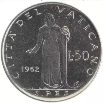 Монета 50 лир Ватикана 1962 года Сталь Иоанн XXIII