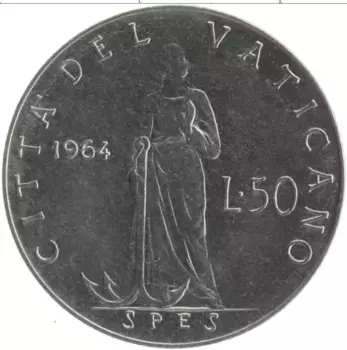 Монета 50 лир Ватикана 1964 года Железо Павел VI