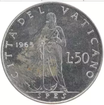 Монета 50 лир Ватикана 1965 года Медно-никель Павел VI