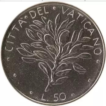 Монета 50 лир Ватикана 1971 года Сталь Павел VI
