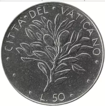 Монета 50 лир Ватикана 1972 года Сталь Павел VI