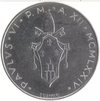 Монета 50 лир Ватикана 1974 года Медно-никель