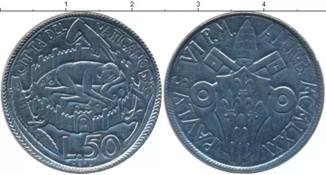 Монета 50 лир Ватикана 1975 года Медно-никель Павел VI
