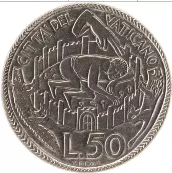Монета 50 лир Ватикана 1975 года Сталь Павел VI
