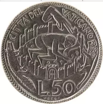 Монета 50 лир Ватикана 1975 года Сталь Павел VI