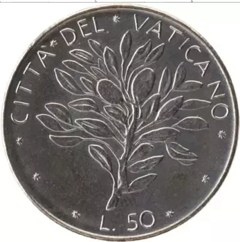 Монета 50 лир Ватикана 1975 года Сталь Павел VI