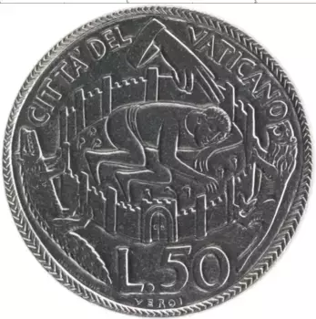 Монета 50 лир Ватикана 1975 года Сталь Павел VI