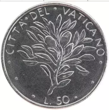 Монета 50 лир Ватикана 1976 года Сталь Павел VI