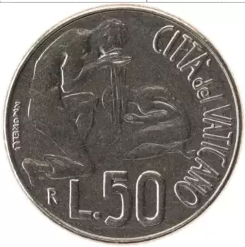 Монета 50 лир Ватикана 1991 года Медно-никель Иоанн Павел II
