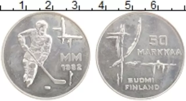 Монета 50 марок Финляндии 1982 года Серебро Чемпионат мира по хоккею