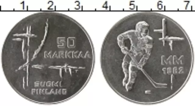 Монета 50 марок Финляндии 1982 года Серебро Чемпионат мира по хоккею