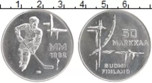 Монета 50 марок Финляндии 1982 года Серебро Чемпионат мира по хоккею