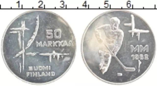Монета 50 марок Финляндии 1982 года Серебро Чемпионат мира по хоккею