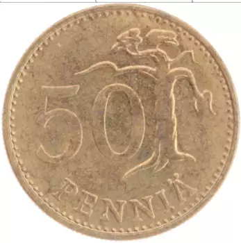 Монета 50 пенни Финляндии 1977 года Латунь