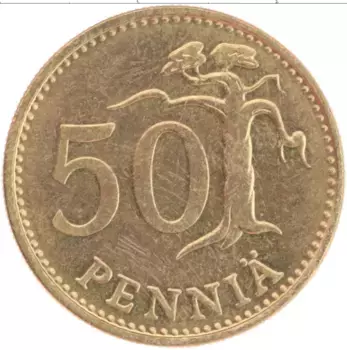 Монета 50 пенни Финляндии 1977 года Латунь