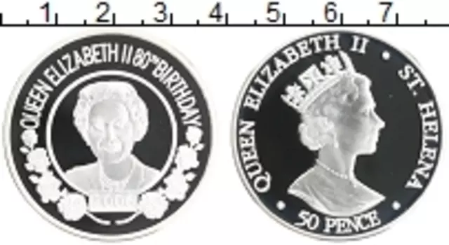 Монета 50 пенсов Острова Святой Елены 2006 года Серебро 80 лет королеве Елизавете II