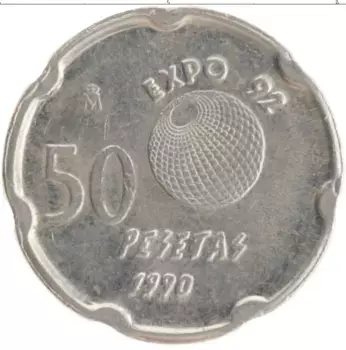 Монета 50 песет Испании 1990 года Медно-никель Хуан Карлос I