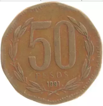 Монета 50 песо Чили 1991 года Бронза Бернардо О’Хиггинс
