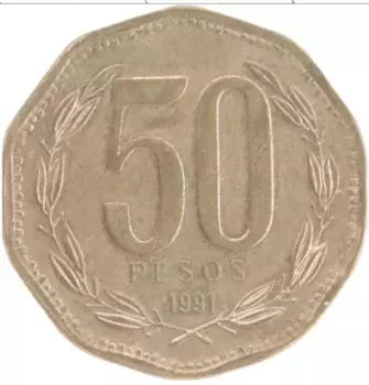 Монета 50 песо Чили 1991 года Бронза Бернардо О’Хиггинс