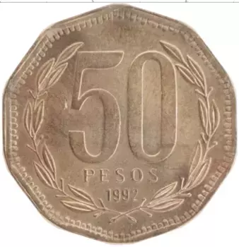 Монета 50 песо Чили 1992 года Бронза О Хиггинс