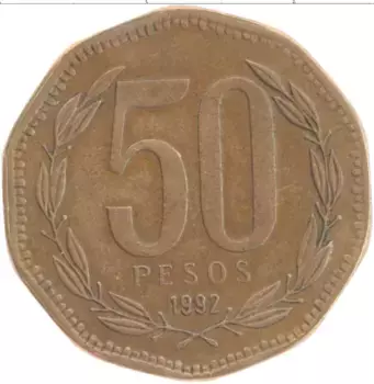 Монета 50 песо Чили 1992 года Бронза Бернардо О’Хиггинс