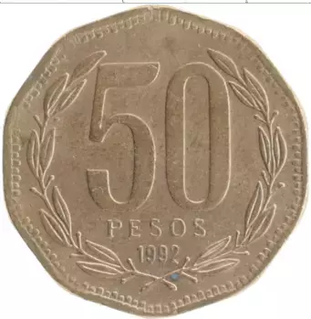 Монета 50 песо Чили 1992 года Бронза `Бернардо О``Хиггинс`