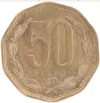 Монета 50 песо Чили 1993 года Бронза Бернардо О’Хиггинс