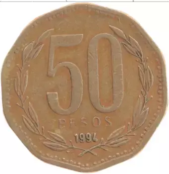 Монета 50 песо Чили 1994 года Бронза Бернардо О’Хиггинс