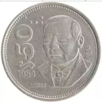 Монета 50 песо Мексики 1984 года Медно-никель Бенито Хуарес