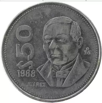 Монета 50 песо Мексики 1988 года Медно-никель Бенито Хуарес