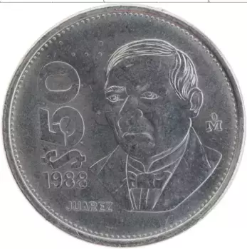 Монета 50 песо Мексики 1988 года Медно-никель Бенито Хуарес