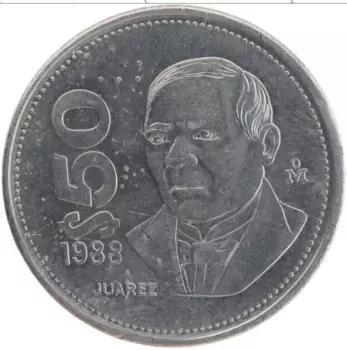 Монета 50 песо Мексики 1988 года Медно-никель Бенито Хуарес