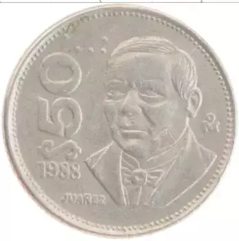 Монета 50 песо Мексики 1988 года Медно-никель Бенито Хуарес