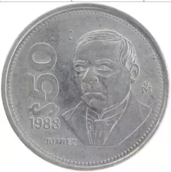 Монета 50 песо Мексики 1988 года Медно-никель Бенито Хуарес