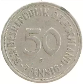 Монета 50 пфеннигов ФРГ 1950 года Медно-никель D