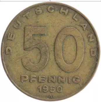 Монета 50 пфеннигов ГДР 1950 года Бронза А