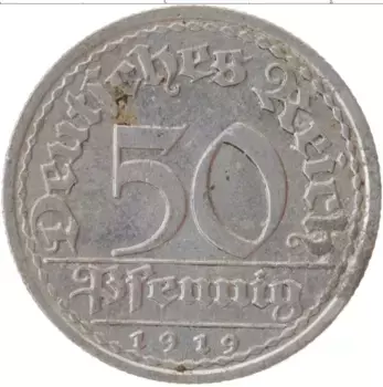 Монета 50 пфеннигов Веймарской республики 1919 года Алюминий A
