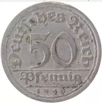 Монета 50 пфеннигов Веймарской республики 1919 года Алюминий A