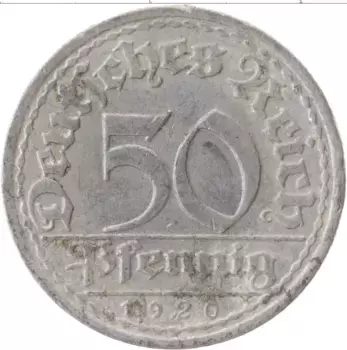 Монета 50 пфеннигов Веймарской республики 1920 года Алюминий A