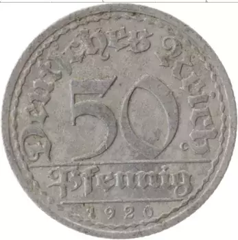 Монета 50 пфеннигов Веймарской республики 1920 года Алюминий A