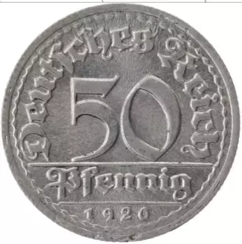 Монета 50 пфеннигов Веймарской республики 1920 года Алюминий D