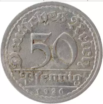 Монета 50 пфеннигов Веймарской республики 1920 года Алюминий D