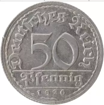 Монета 50 пфеннигов Веймарской республики 1920 года Алюминий D